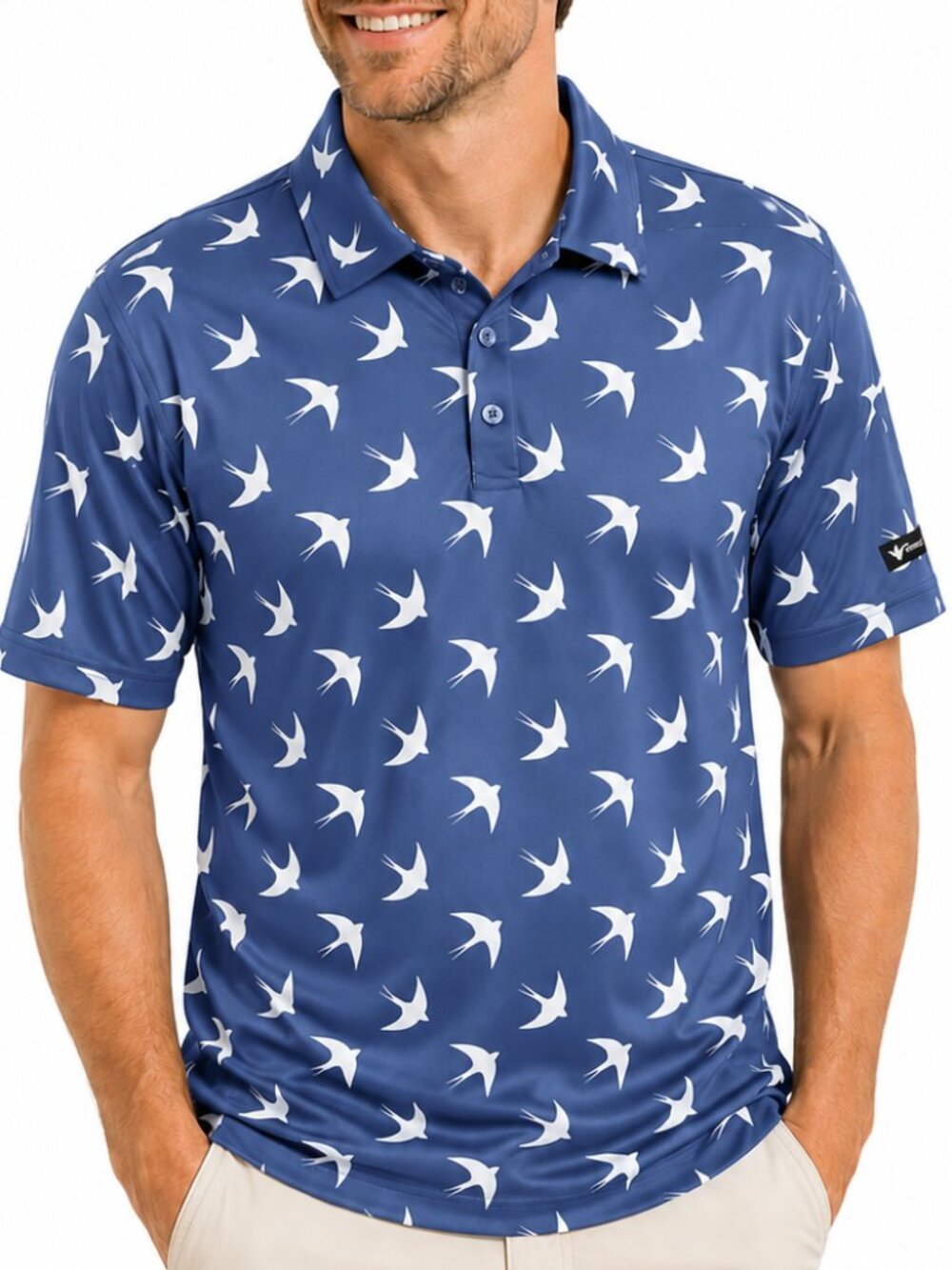 NWT medium mens short sleeve blue & white shirt.  Button neck. Beach Summer Golf
